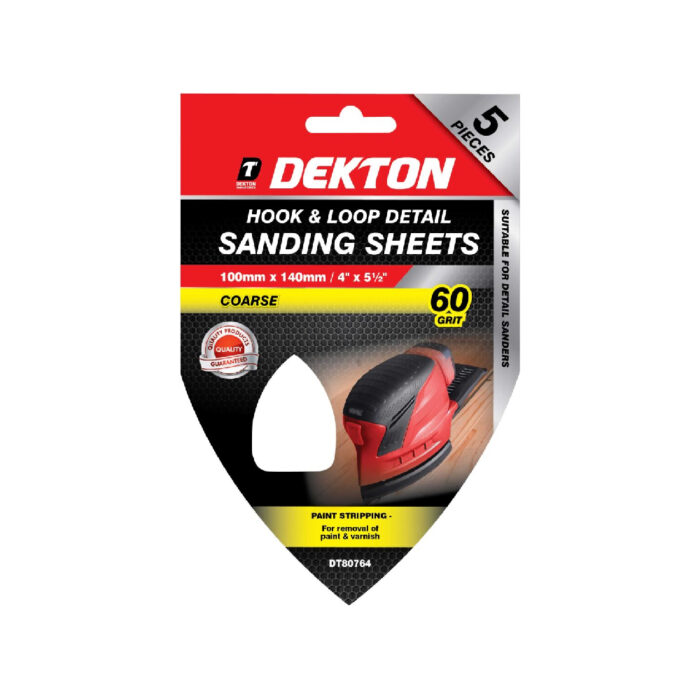 DEKTON HOOK & LOOP DETAIL 60 GRIT SANDING SHEETS 100MM X 140MM 5 PACK - Image 1