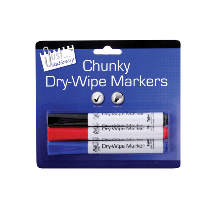 JUST STATIONERY CHUNKY DRY-WIPE BOARD MARKERS ASSORTED COLOURS 3 PACK - Image 1