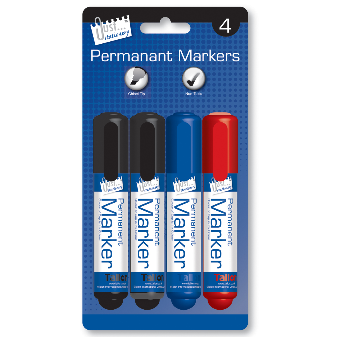 T1155-main.jpg JUST STATIONERY CHISEL TIP PERMANENT MARKERS ASSORTED 4 PACK - Image 1