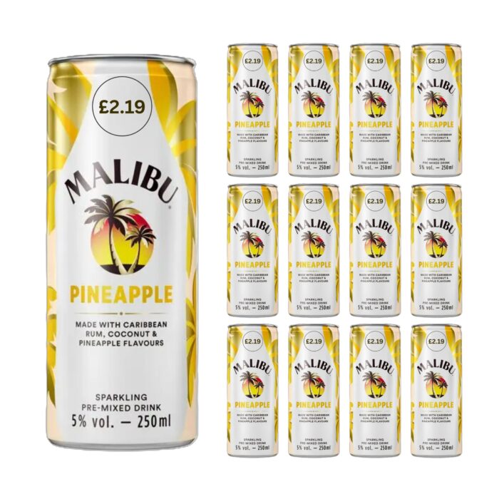 Malibu Coconut Rum & Pineapple Sparkling PMP Can 12 x 250ml - Image 1